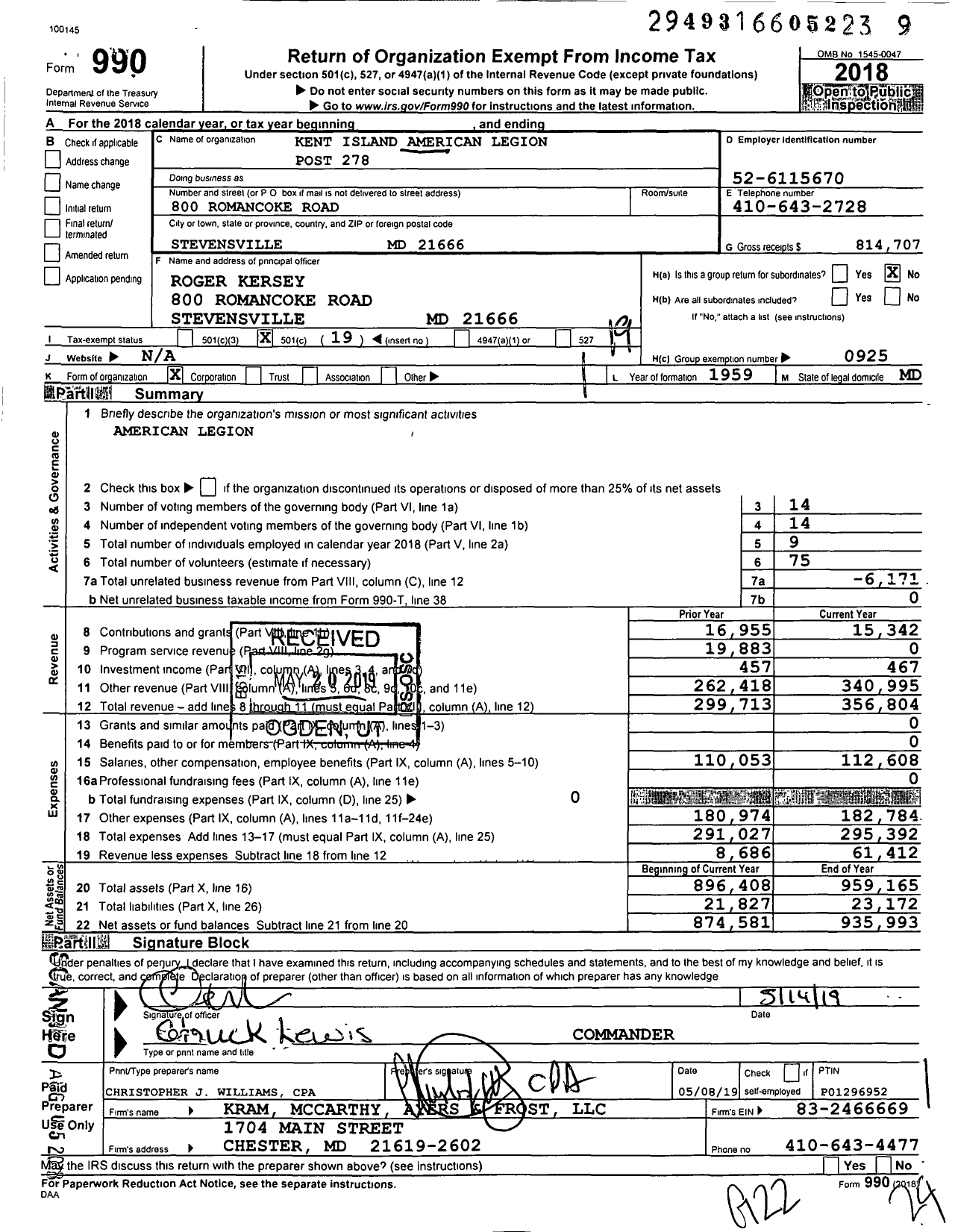 Image of first page of 2018 Form 990O for American Legion - 278 Kent Island