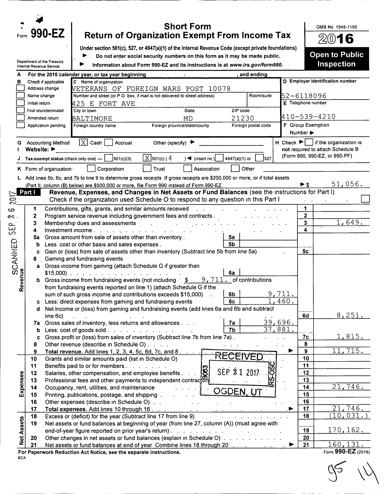 Image of first page of 2016 Form 990EO for VFW Department of Maryland - Star Spangled Banner Mem Post 10078