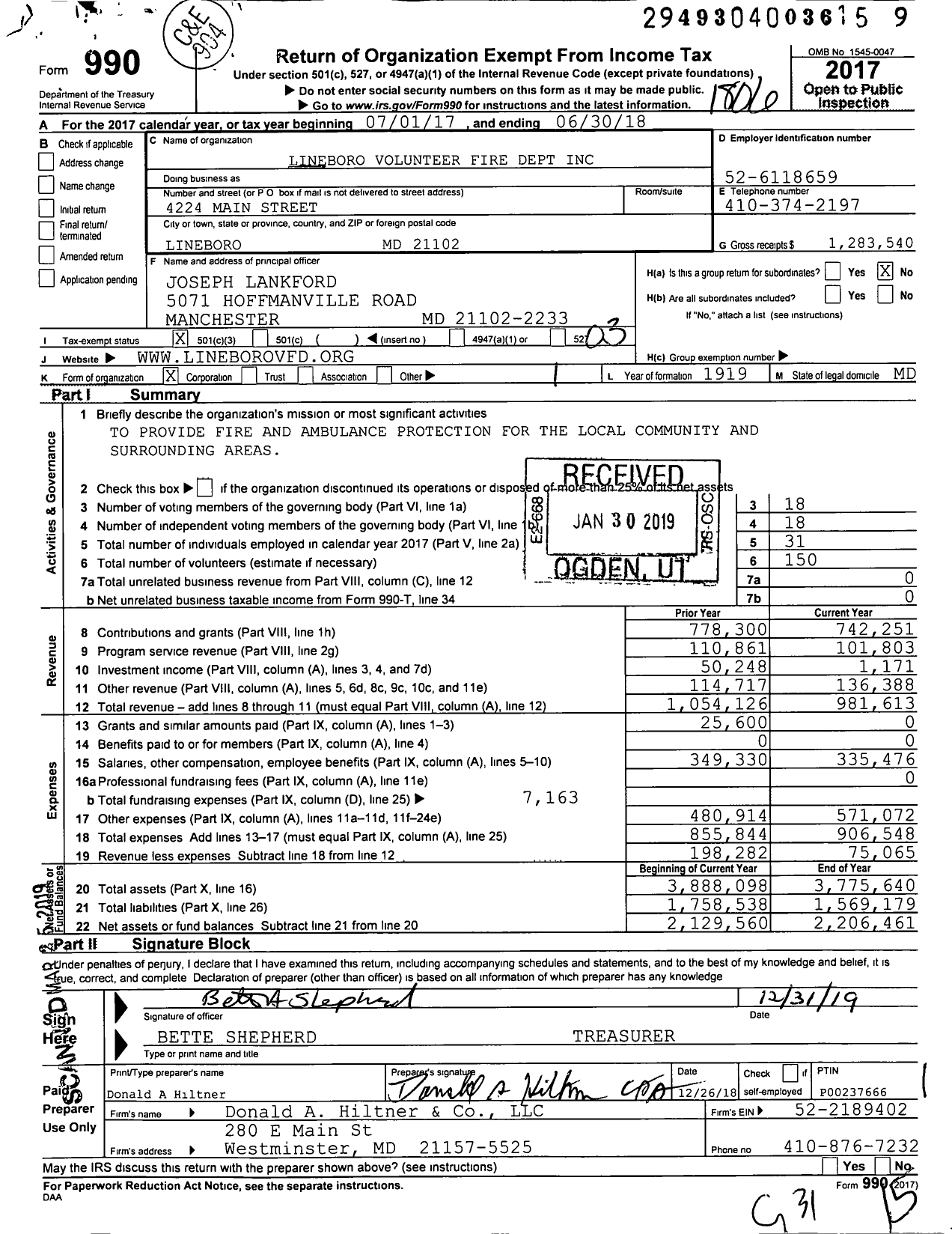 Image of first page of 2017 Form 990 for Lineboro Volunteer Fire Department