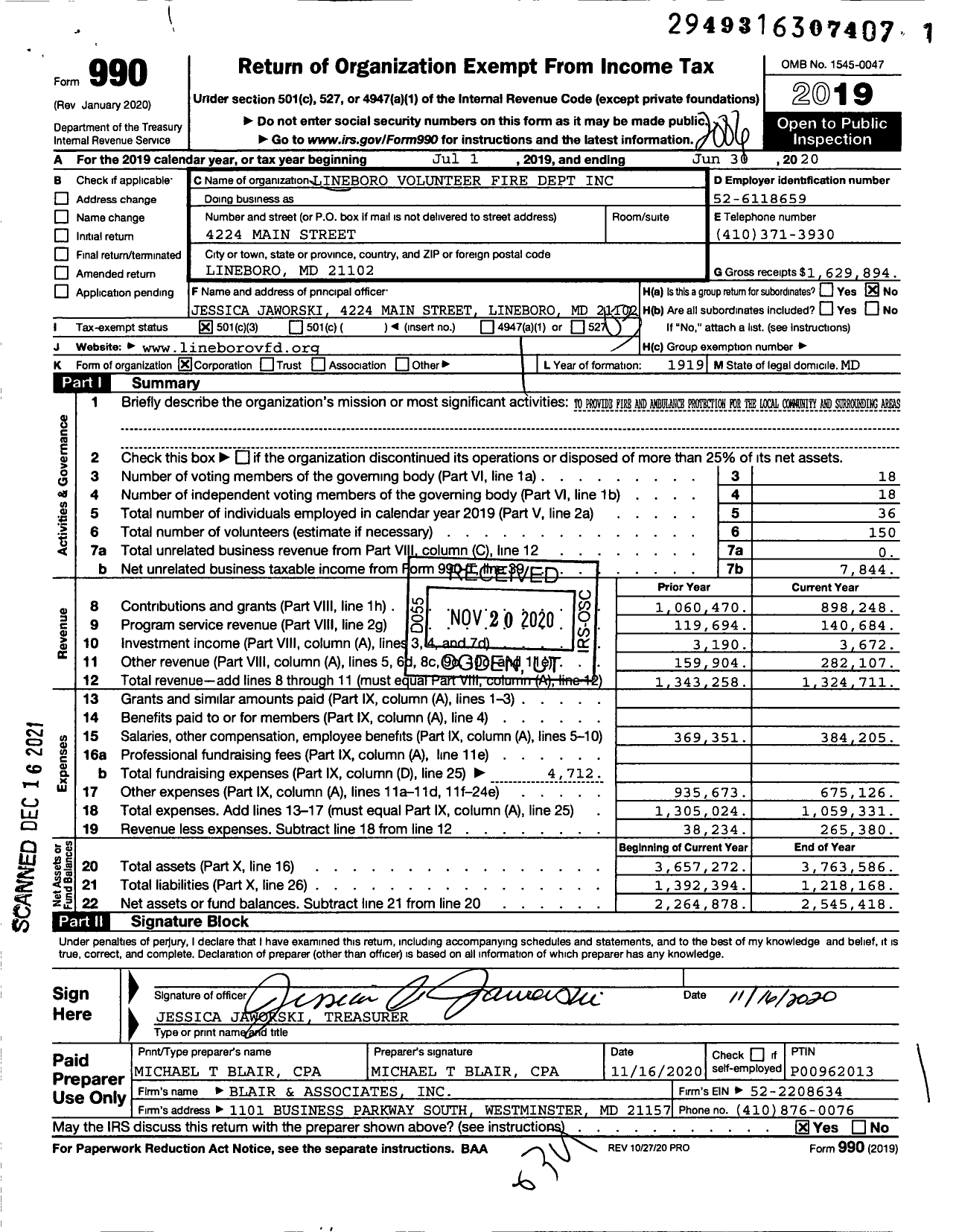 Image of first page of 2019 Form 990 for Lineboro Volunteer Fire Department