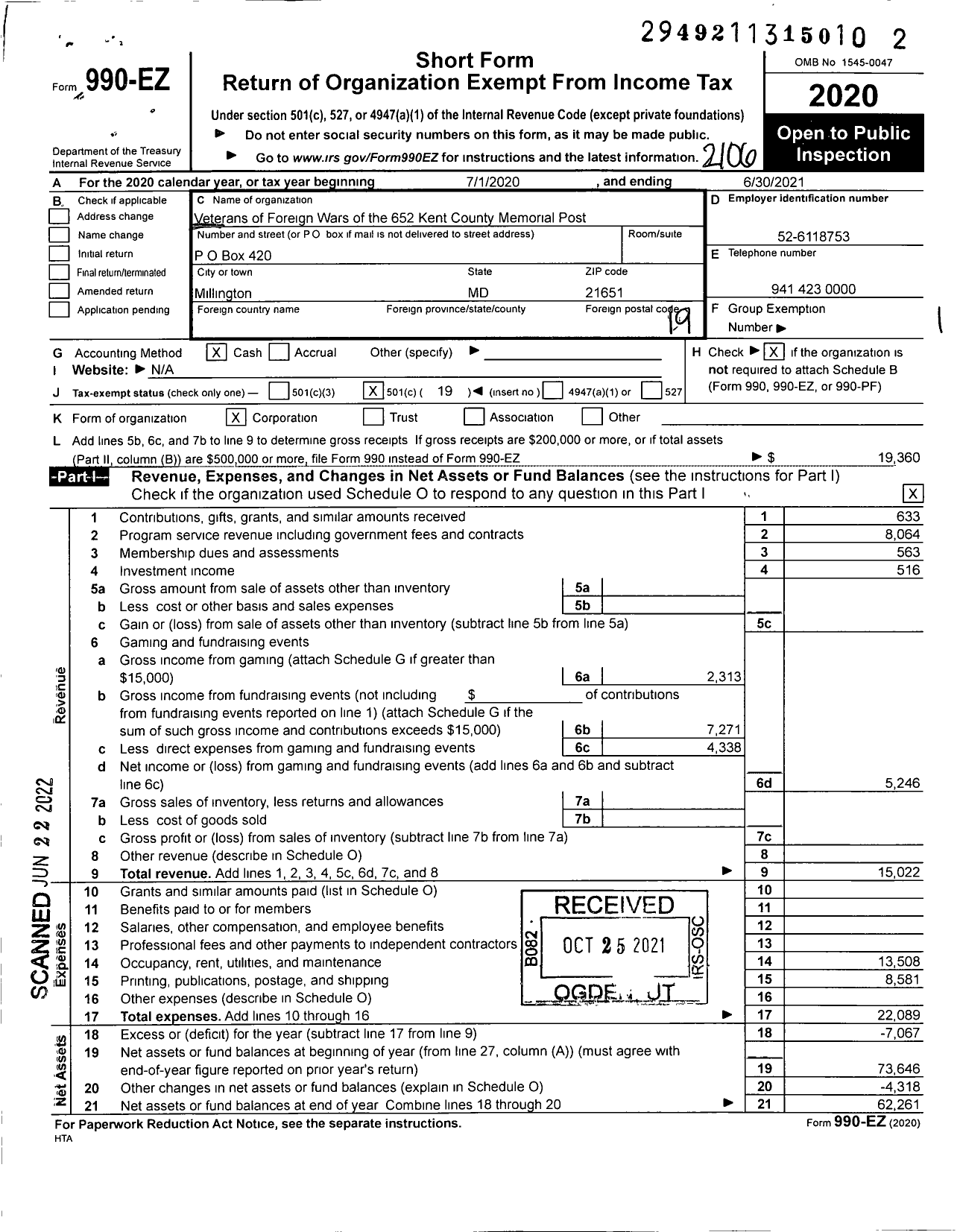 Image of first page of 2020 Form 990EO for VFW Department of Maryland - 652 Kent County Memorial Post