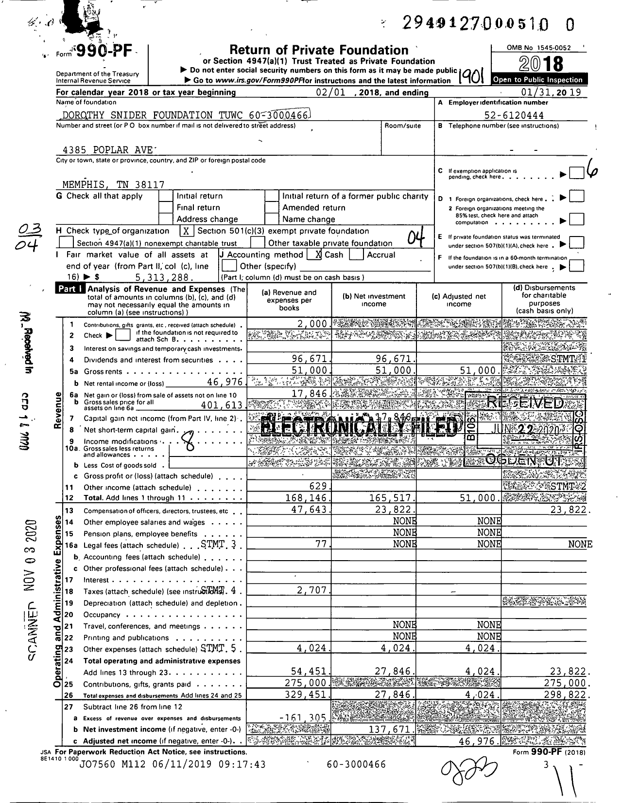 Image of first page of 2018 Form 990PF for Dorothy Snider Foundation Tuwc 60-3000466