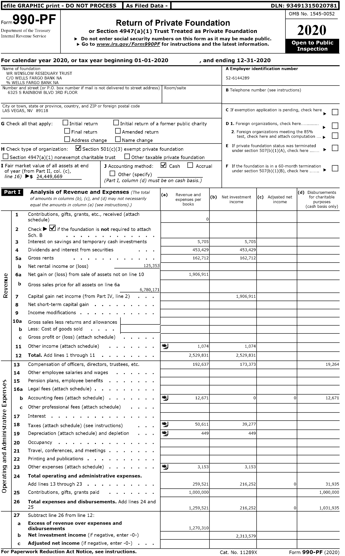 Image of first page of 2020 Form 990PF for WR Winslow Residuary Trust