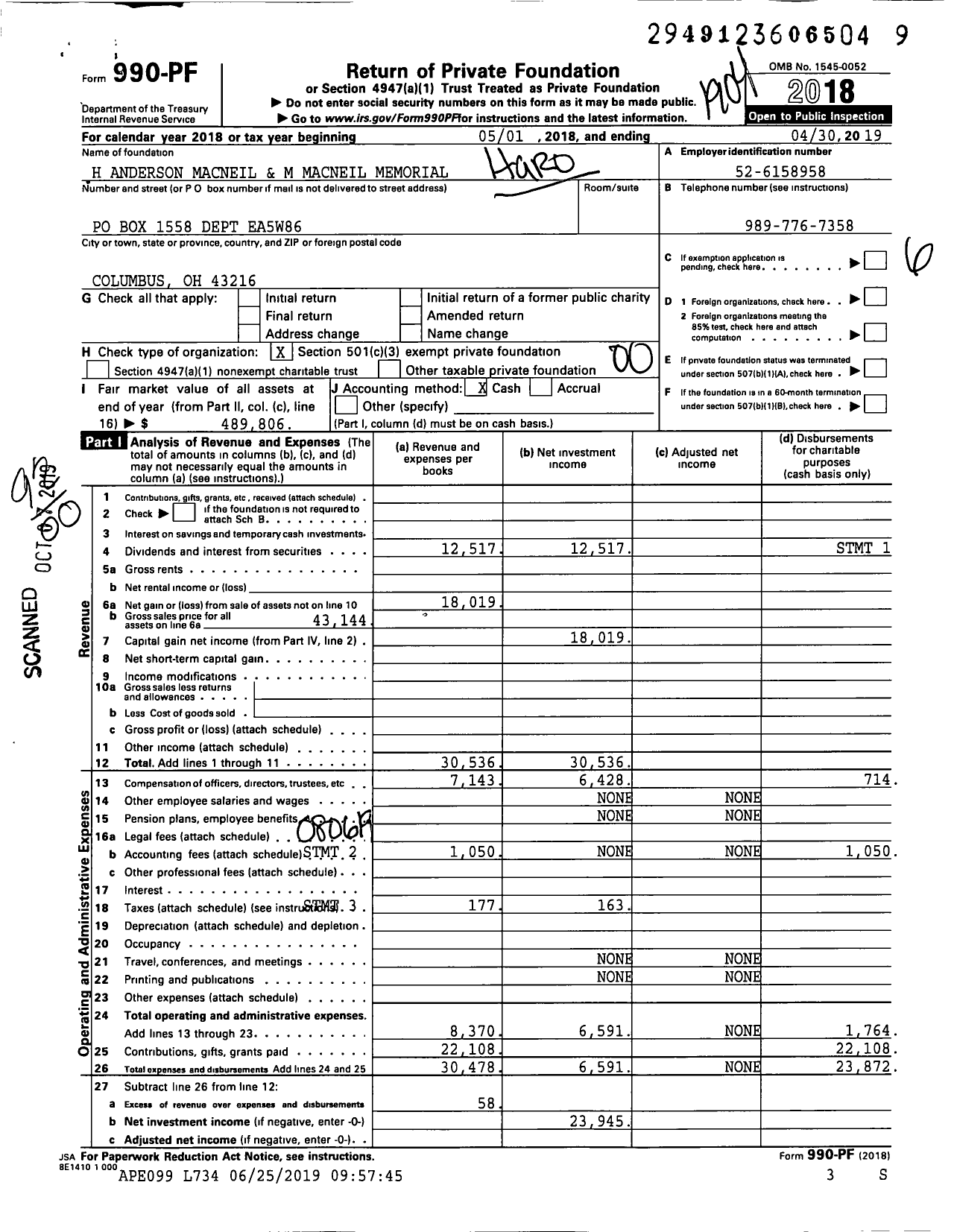 Image of first page of 2018 Form 990PF for H Anderson Macneil and M Macneil Memorial