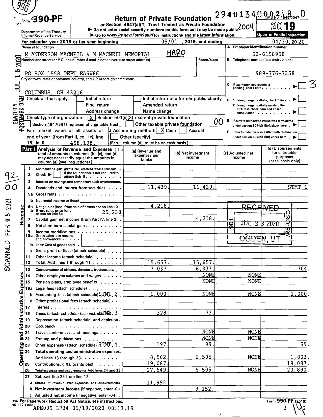 Image of first page of 2019 Form 990PF for H Anderson Macneil and M Macneil Memorial