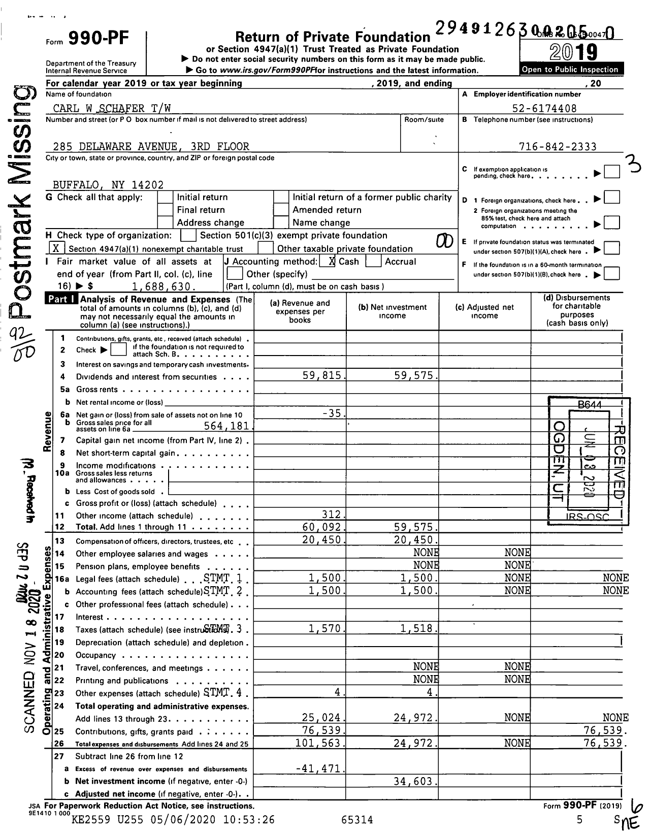 Image of first page of 2019 Form 990PF for Carl W Schafer TW