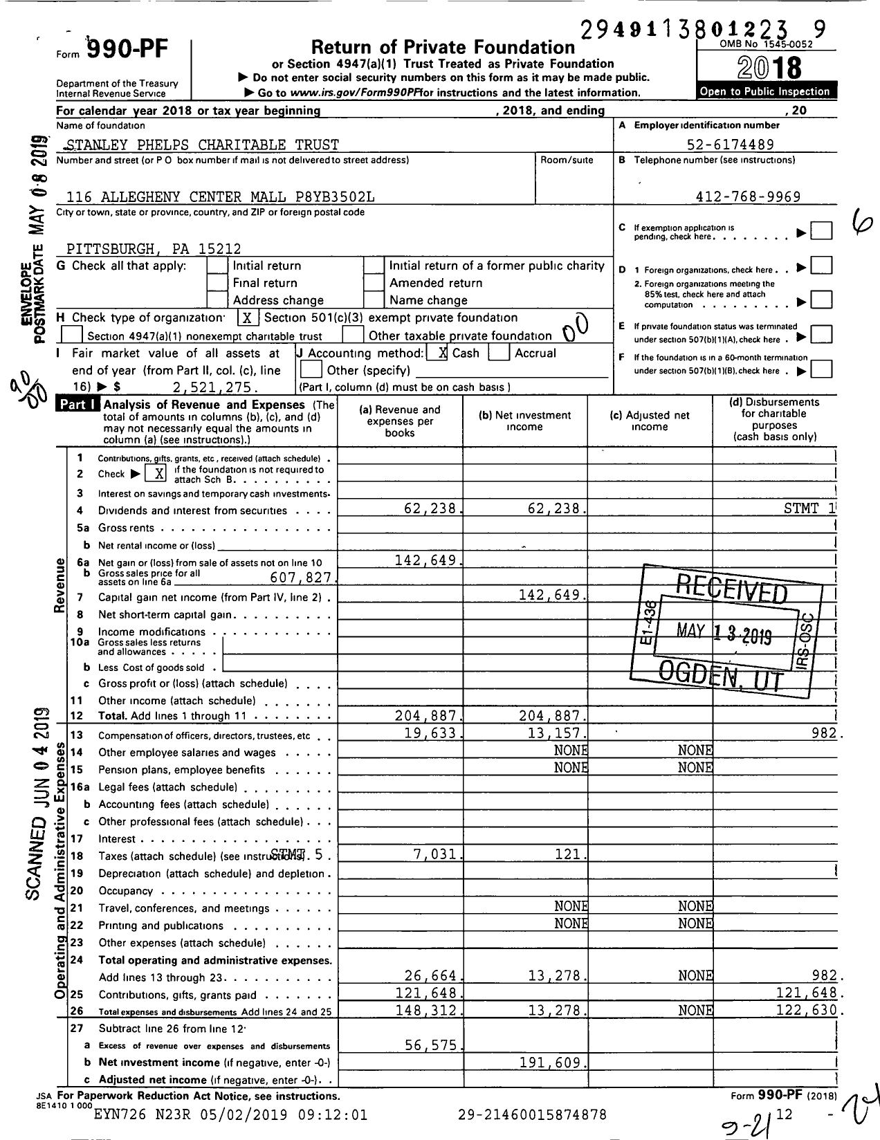 Image of first page of 2018 Form 990PF for Stanley Phelps Charitable Trust