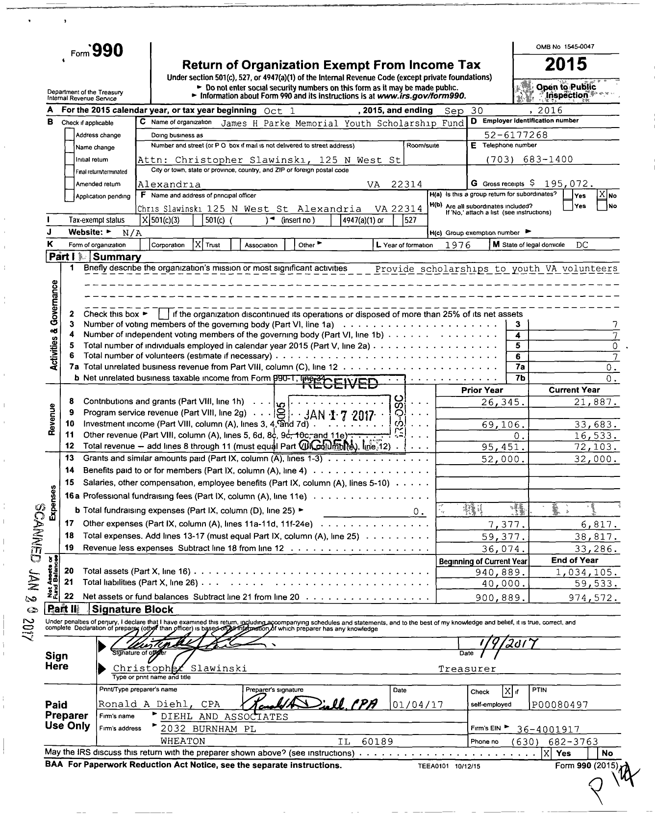 Image of first page of 2015 Form 990 for James H Parke Memorial Youth Scholarship Fund