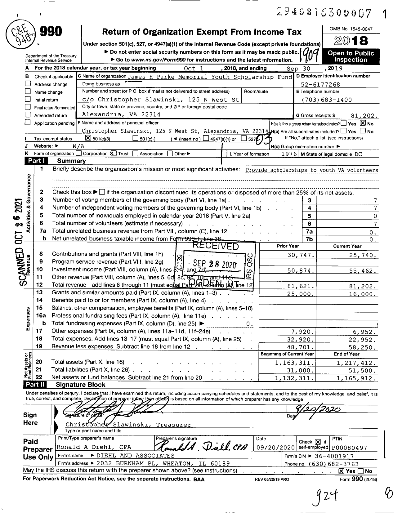 Image of first page of 2018 Form 990 for James H Parke Memorial Youth Scholarship Fund