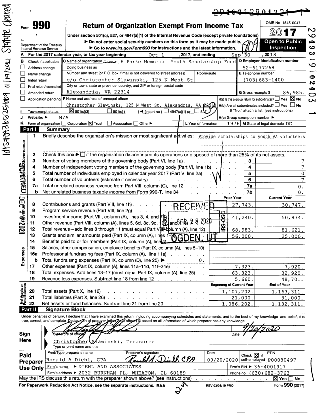 Image of first page of 2017 Form 990 for James H Parke Memorial Youth Scholarship Fund