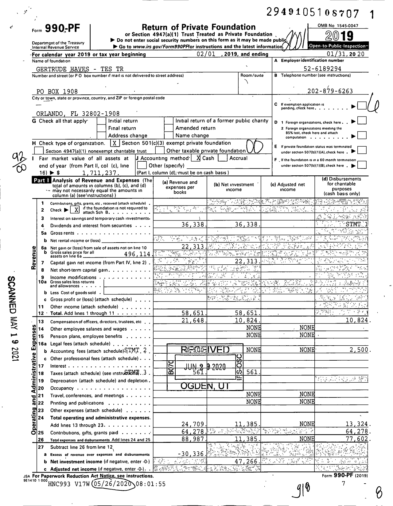 Image of first page of 2019 Form 990PF for Gertrude Haves - Tes Trust