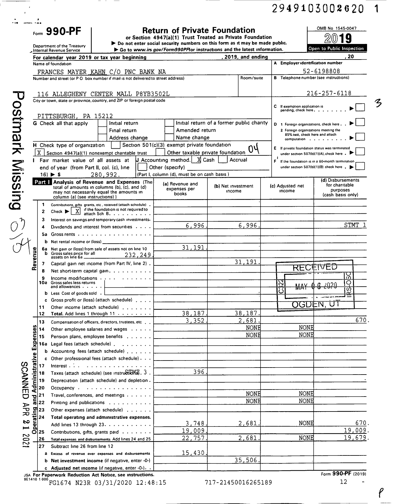 Image of first page of 2019 Form 990PF for Frances Mayer Kahn PNC Bank Na