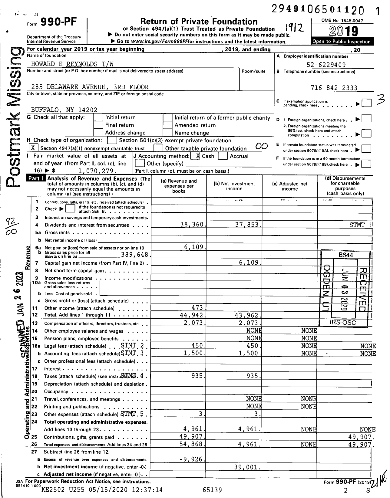 Image of first page of 2019 Form 990PF for Howard E Reynolds TW