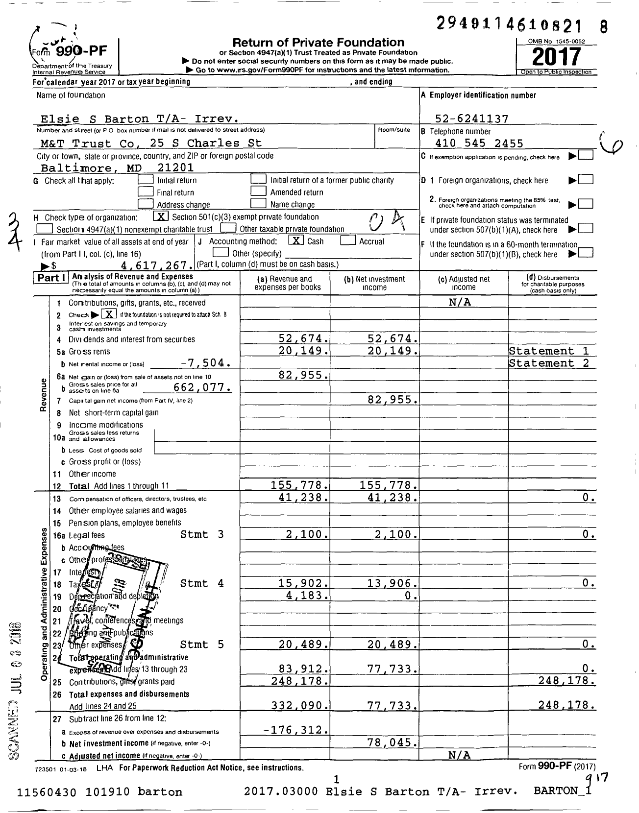 Image of first page of 2017 Form 990PF for Elsie Seeger Barton Trust