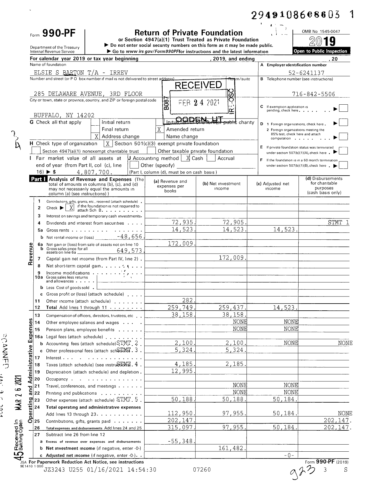 Image of first page of 2019 Form 990PF for Elsie Seeger Barton Trust