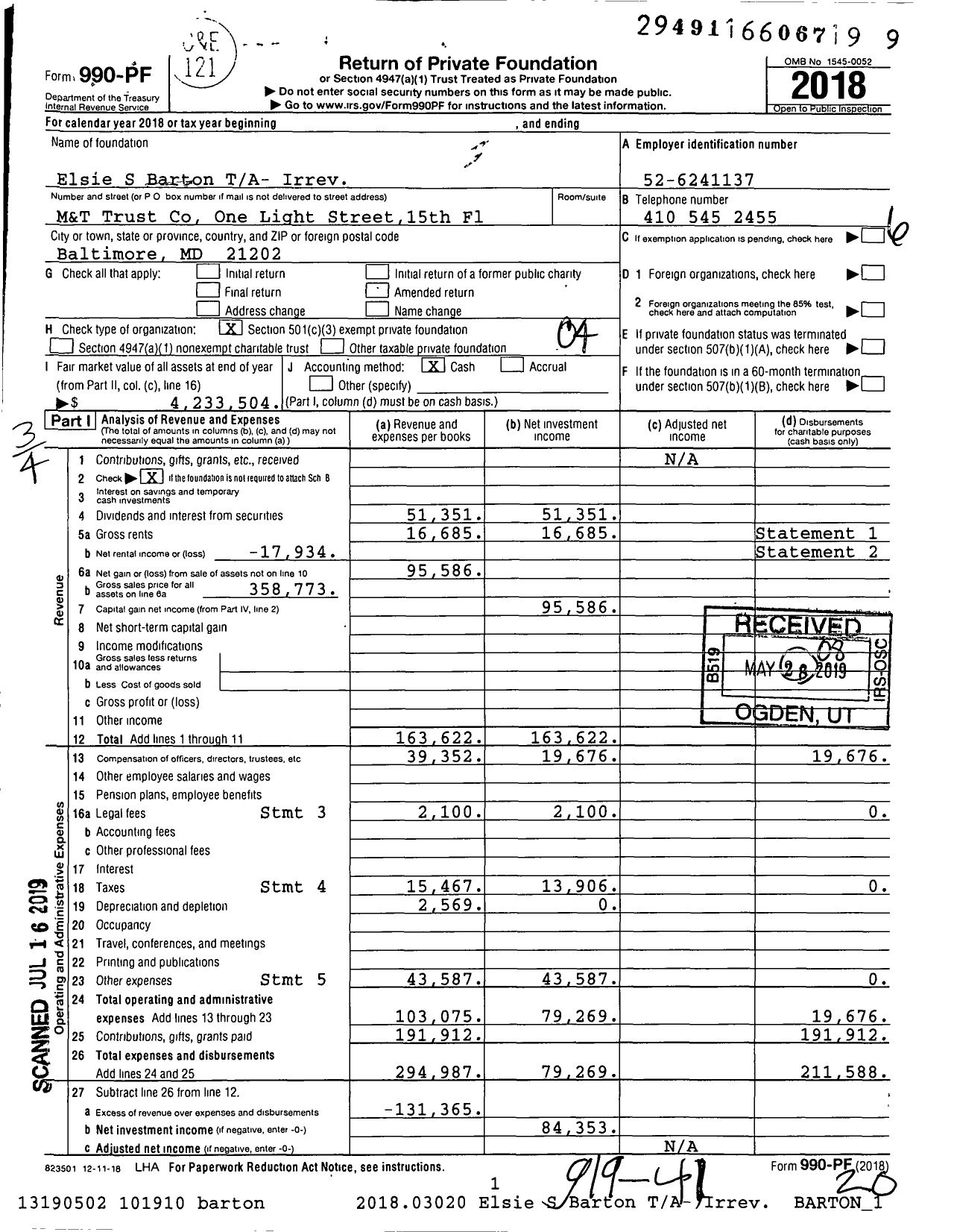 Image of first page of 2018 Form 990PF for Elsie Seeger Barton Trust