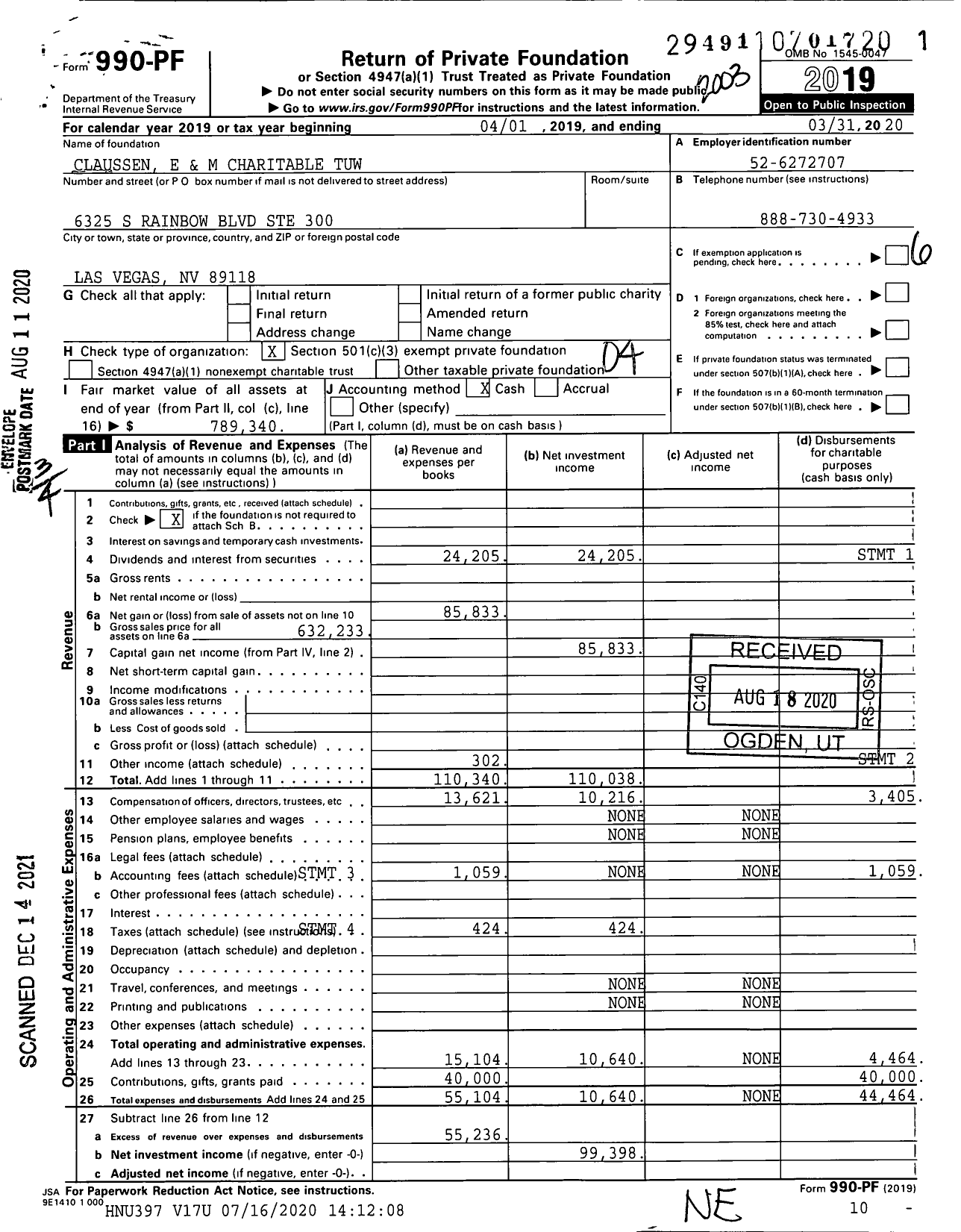 Image of first page of 2019 Form 990PF for Claussen E and Maxine Charitable Tuw