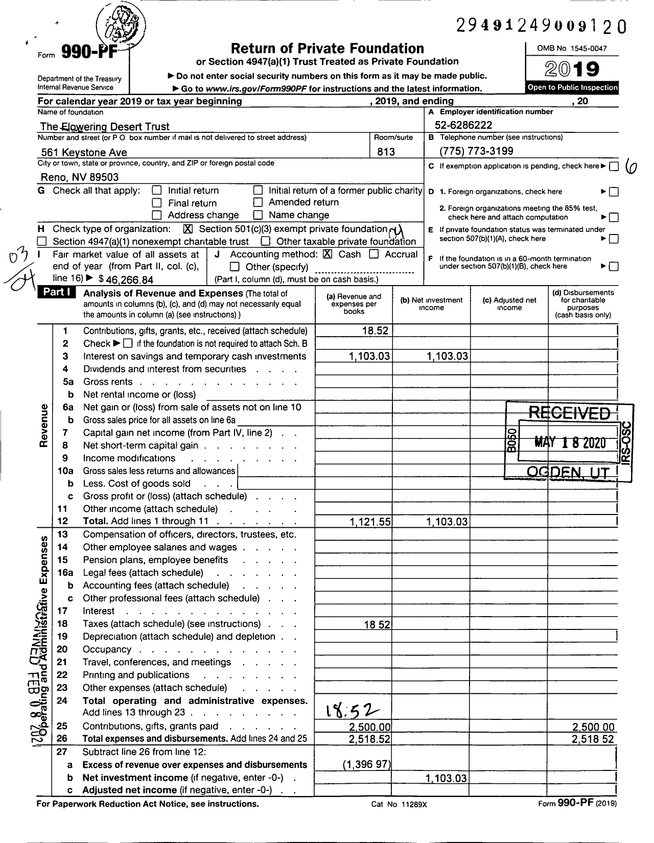 Image of first page of 2019 Form 990PF for The Flowering Desert Trust