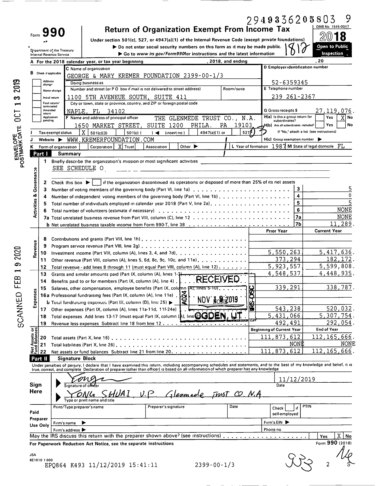 Image of first page of 2018 Form 990 for George and Mary Kremer Foundation 2399-00-13