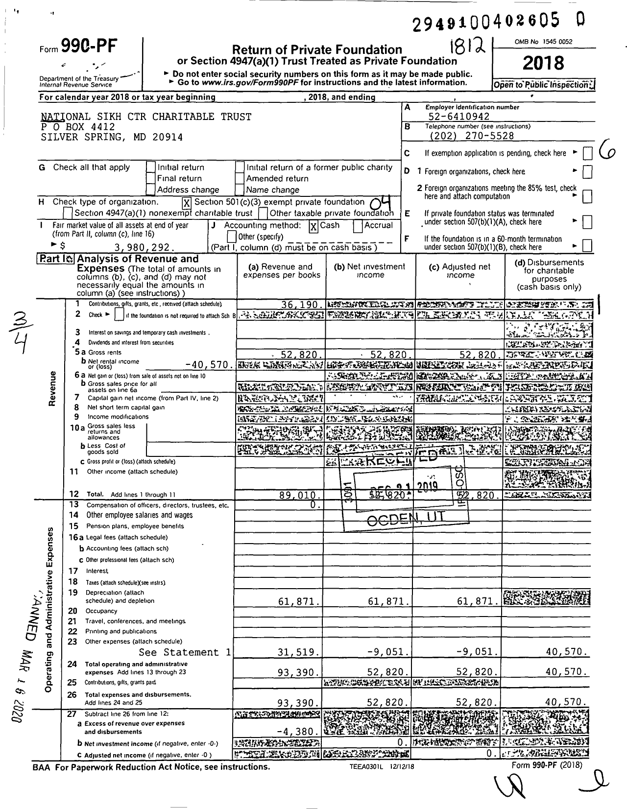 Image of first page of 2018 Form 990PR for National Sikh Center Charitable Trust