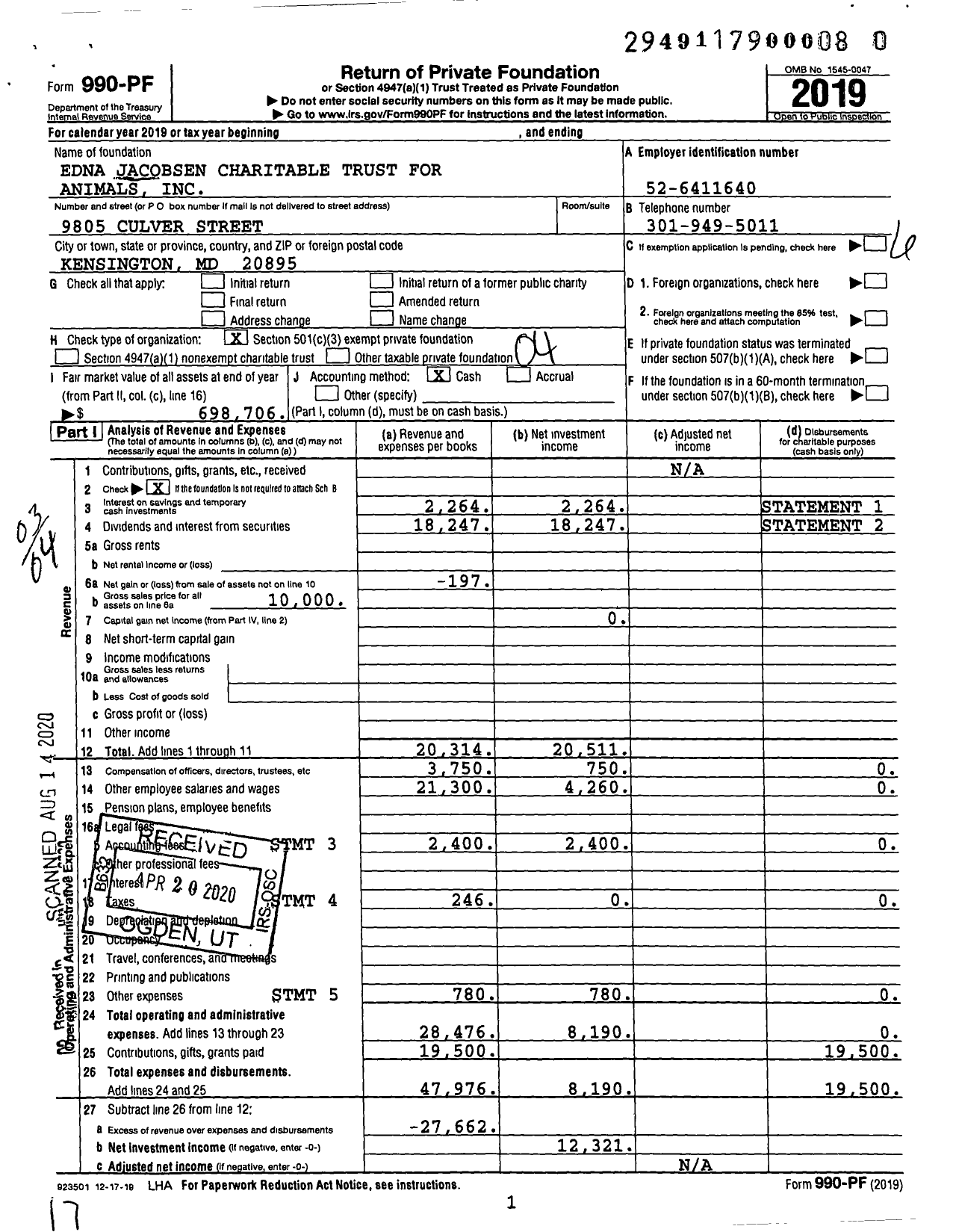 Image of first page of 2019 Form 990PR for Edna Jacobsen Charitable Trust for Animals