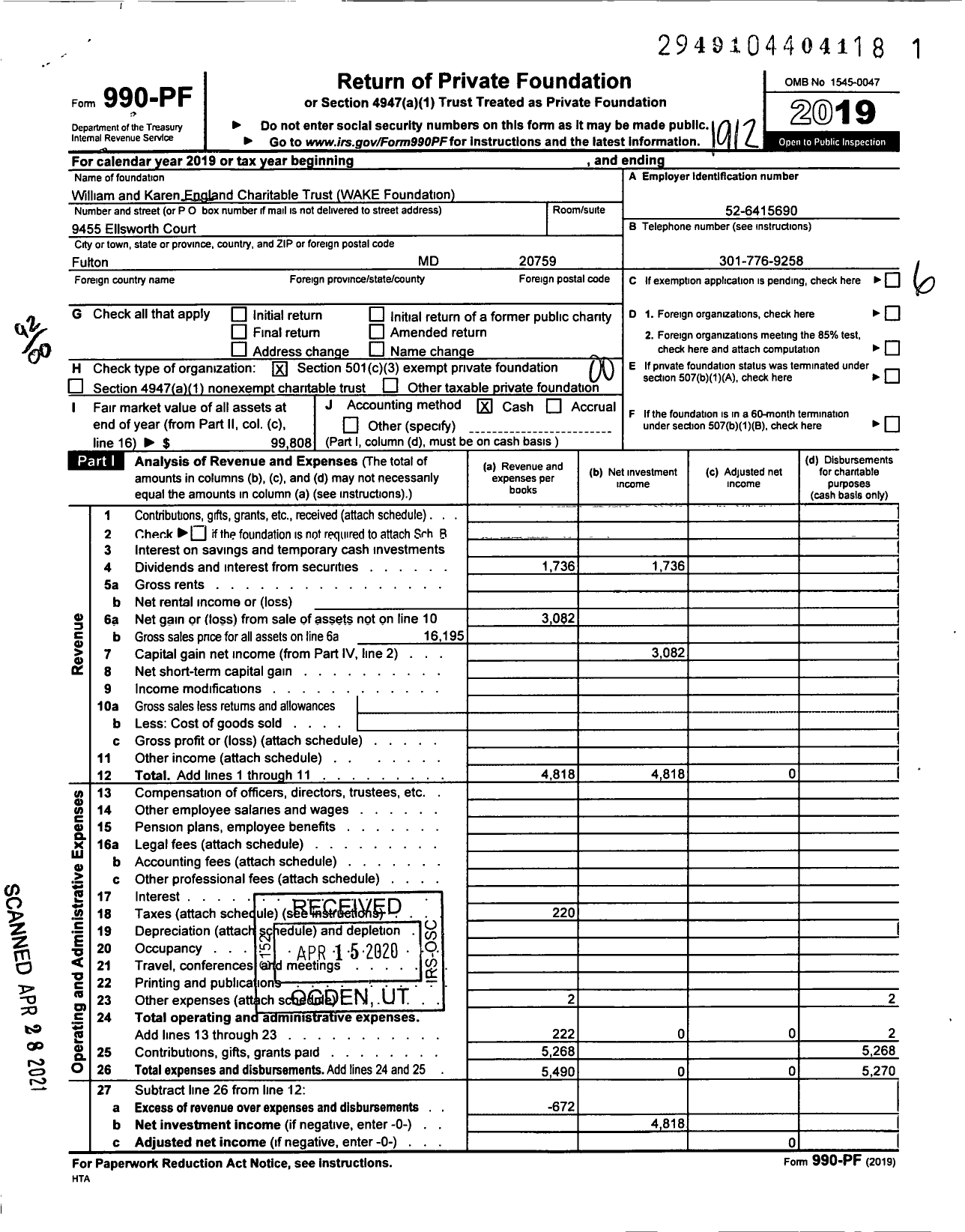 Image of first page of 2019 Form 990PF for William and Karen England Charitable Trust