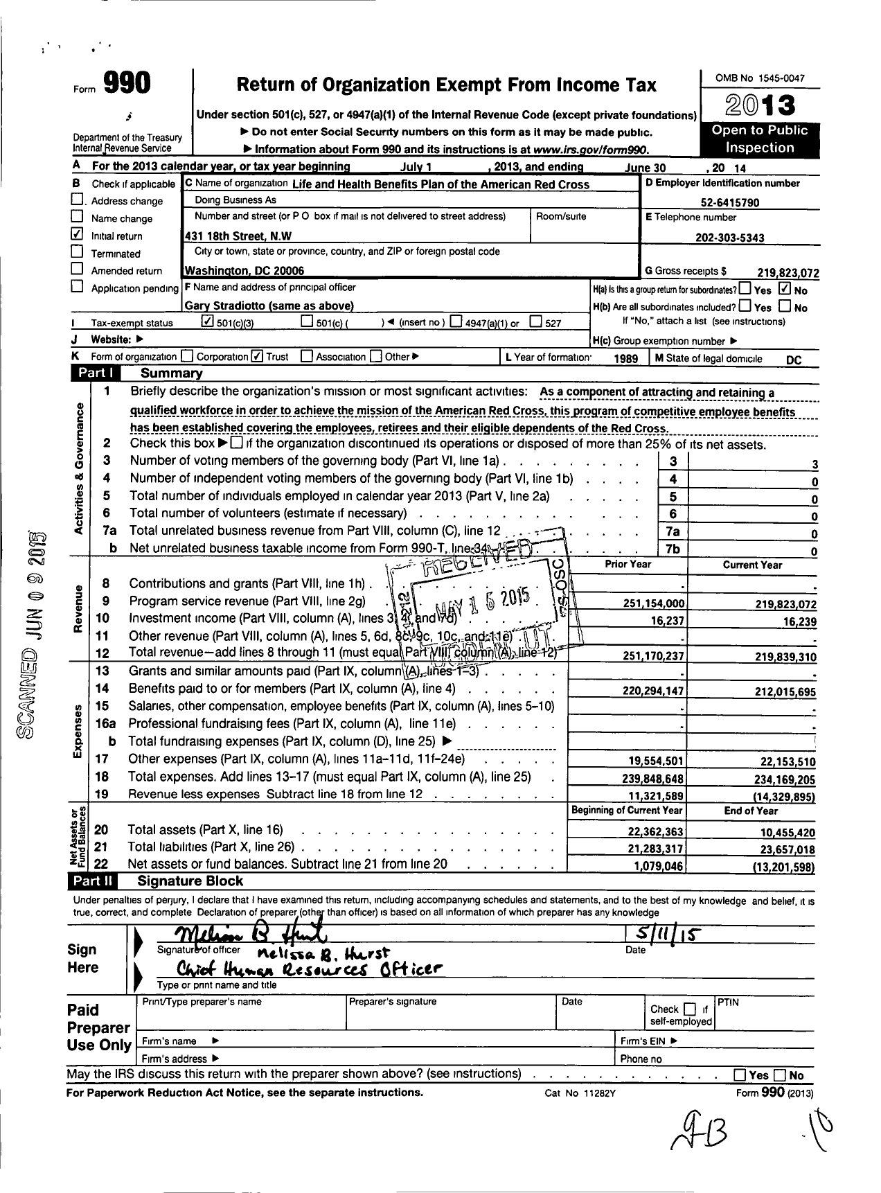 Image of first page of 2013 Form 990 for Life and Health Benefits Plan of the American Red Cross