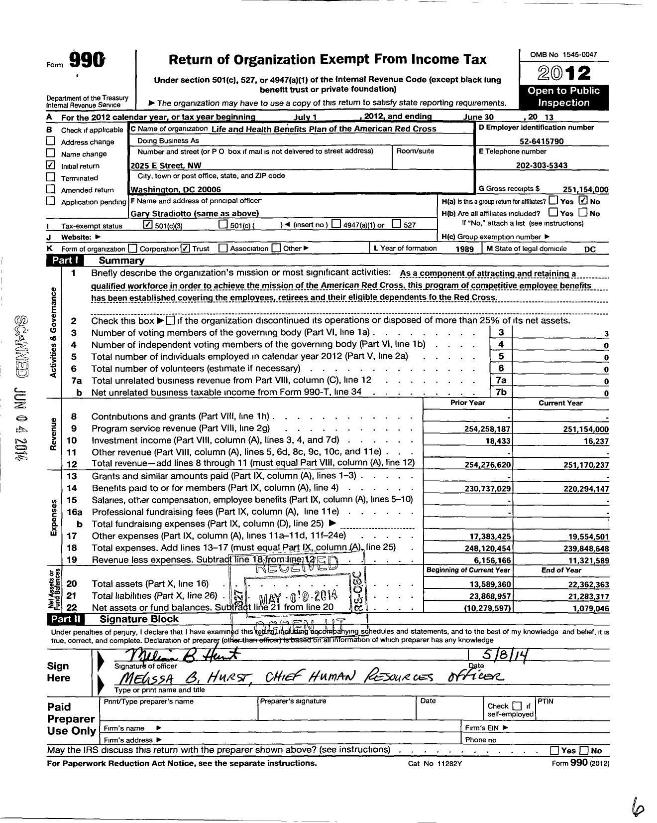 Image of first page of 2012 Form 990 for Life and Health Benefits Plan of the American Red Cross