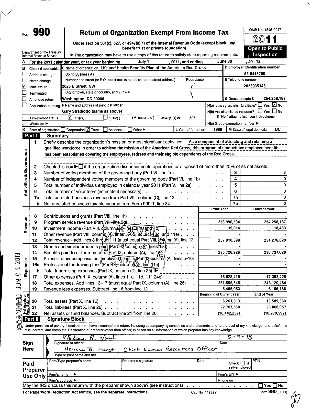 Image of first page of 2011 Form 990 for Life and Health Benefits Plan of the American Red Cross