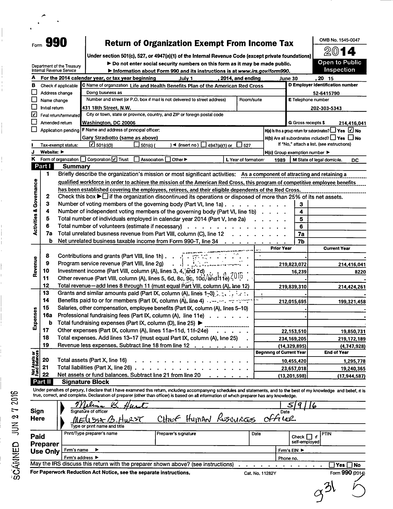 Image of first page of 2014 Form 990 for Life and Health Benefits Plan of the American Red Cross