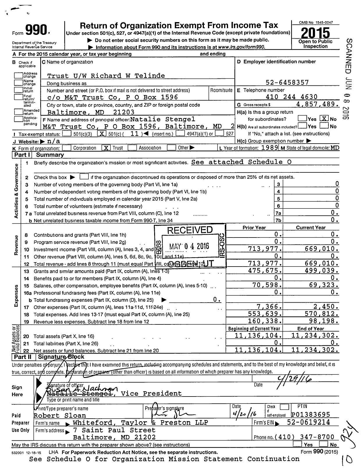 Image of first page of 2015 Form 990O for Richard Telinde Tchar