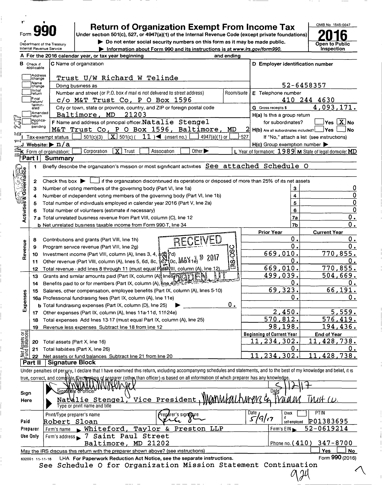 Image of first page of 2016 Form 990O for Richard Telinde Tchar