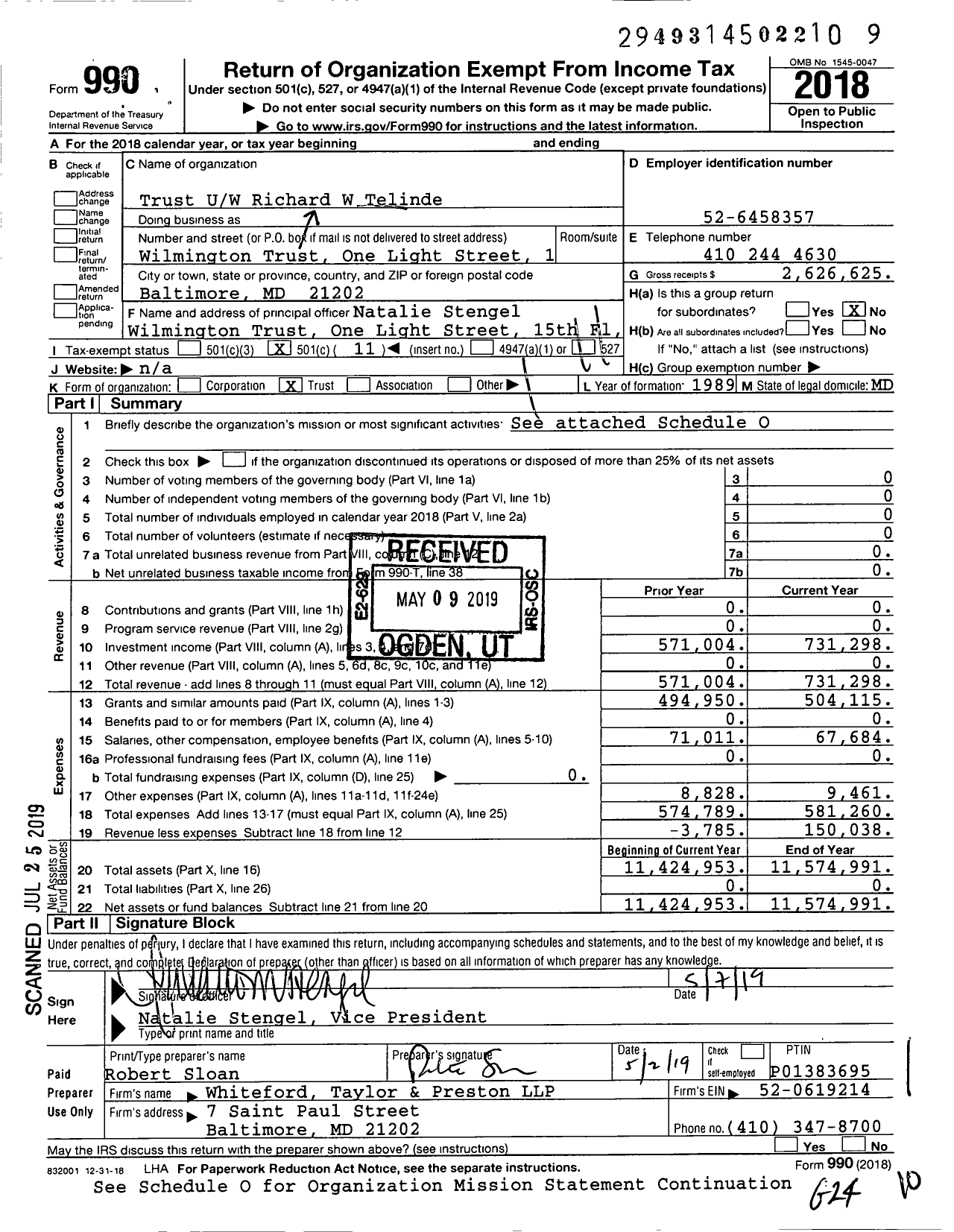 Image of first page of 2018 Form 990O for Richard Telinde Tchar