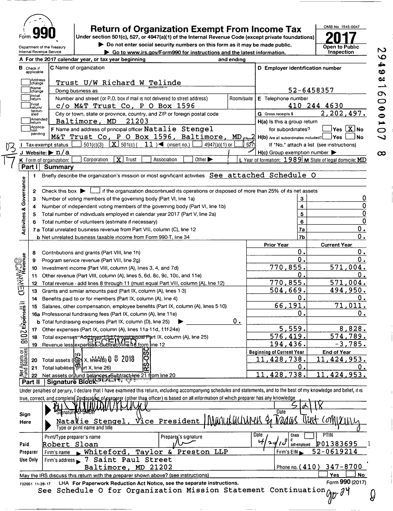 Image of first page of 2017 Form 990 for Richard Telinde Tchar