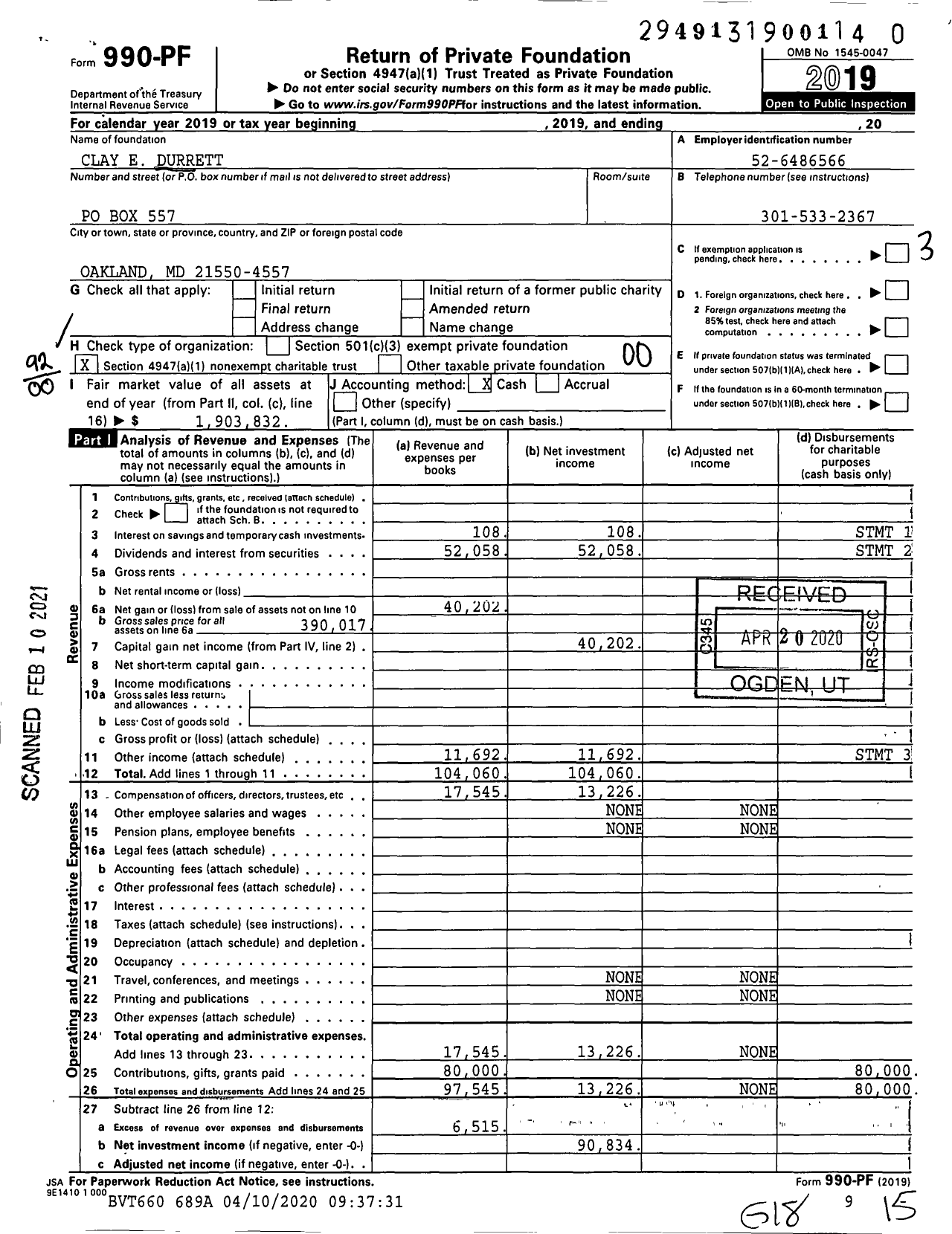 Image of first page of 2019 Form 990PF for Clay E Durrett