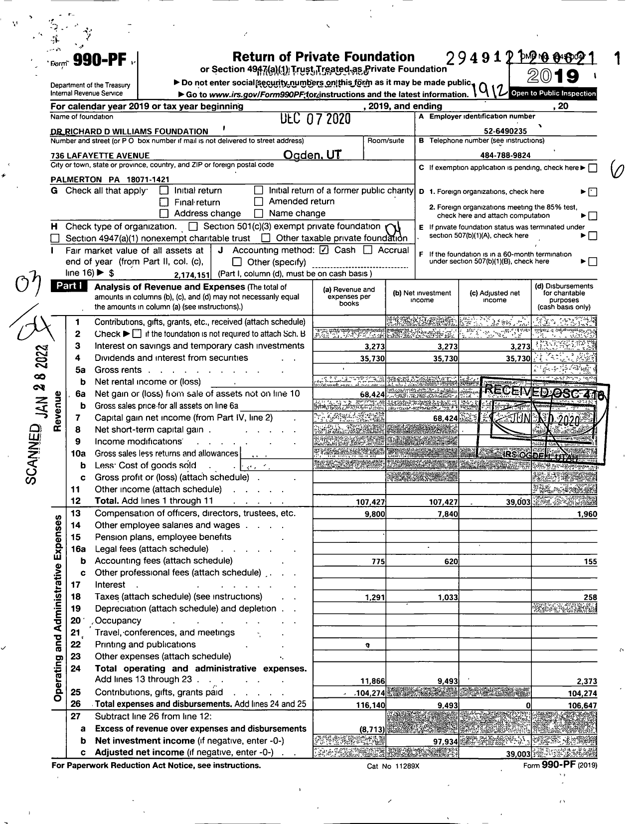 Image of first page of 2019 Form 990PF for Dr Richard D Williams Foundation