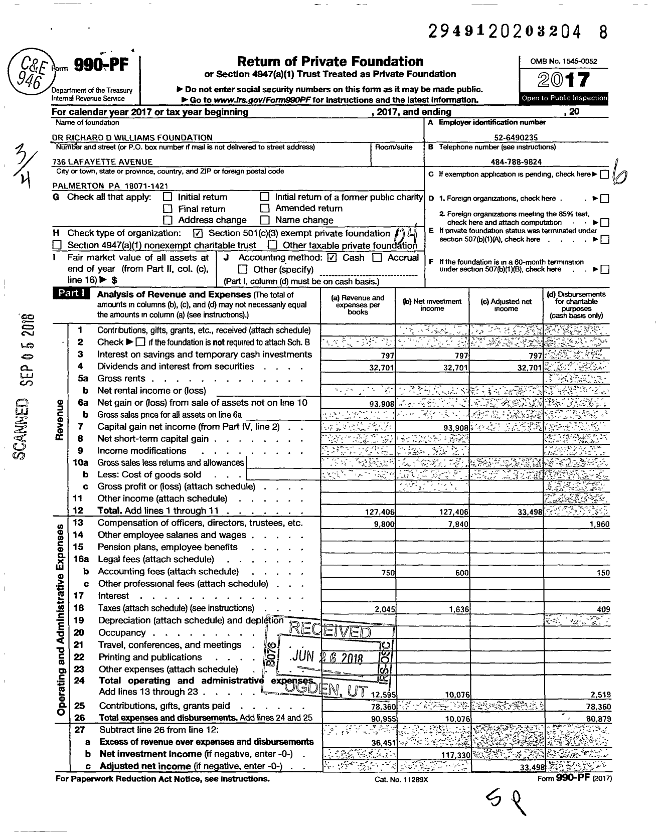 Image of first page of 2017 Form 990PF for Dr Richard D Williams Foundation