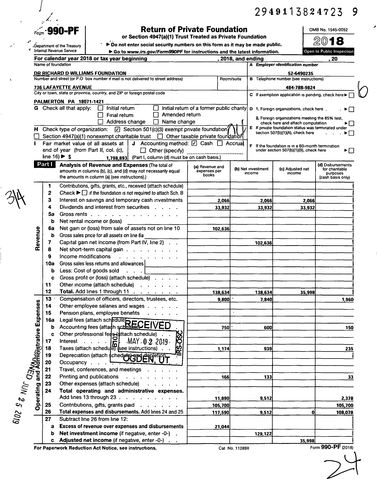 Image of first page of 2018 Form 990PF for Dr Richard D Williams Foundation