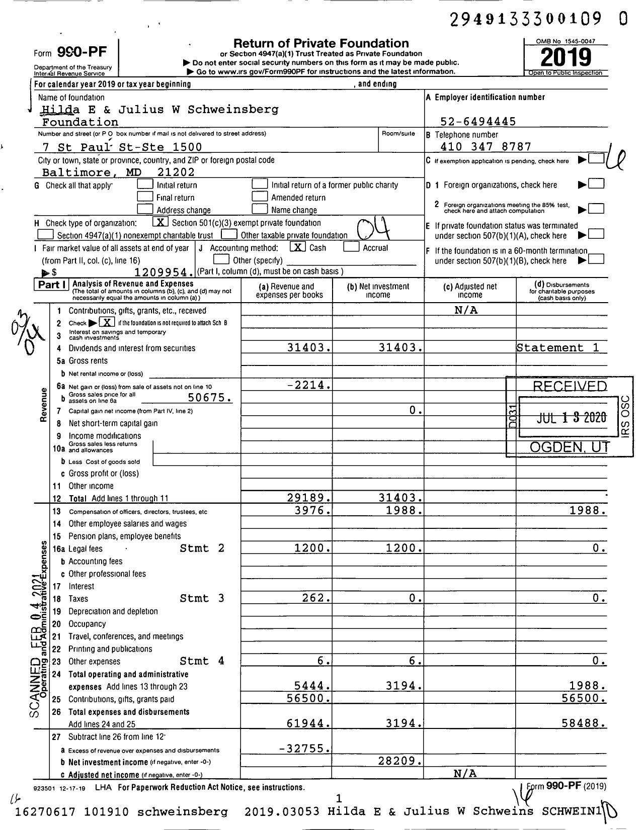 Image of first page of 2019 Form 990PF for Hilda E & Julius W Schweinsberg Foundation