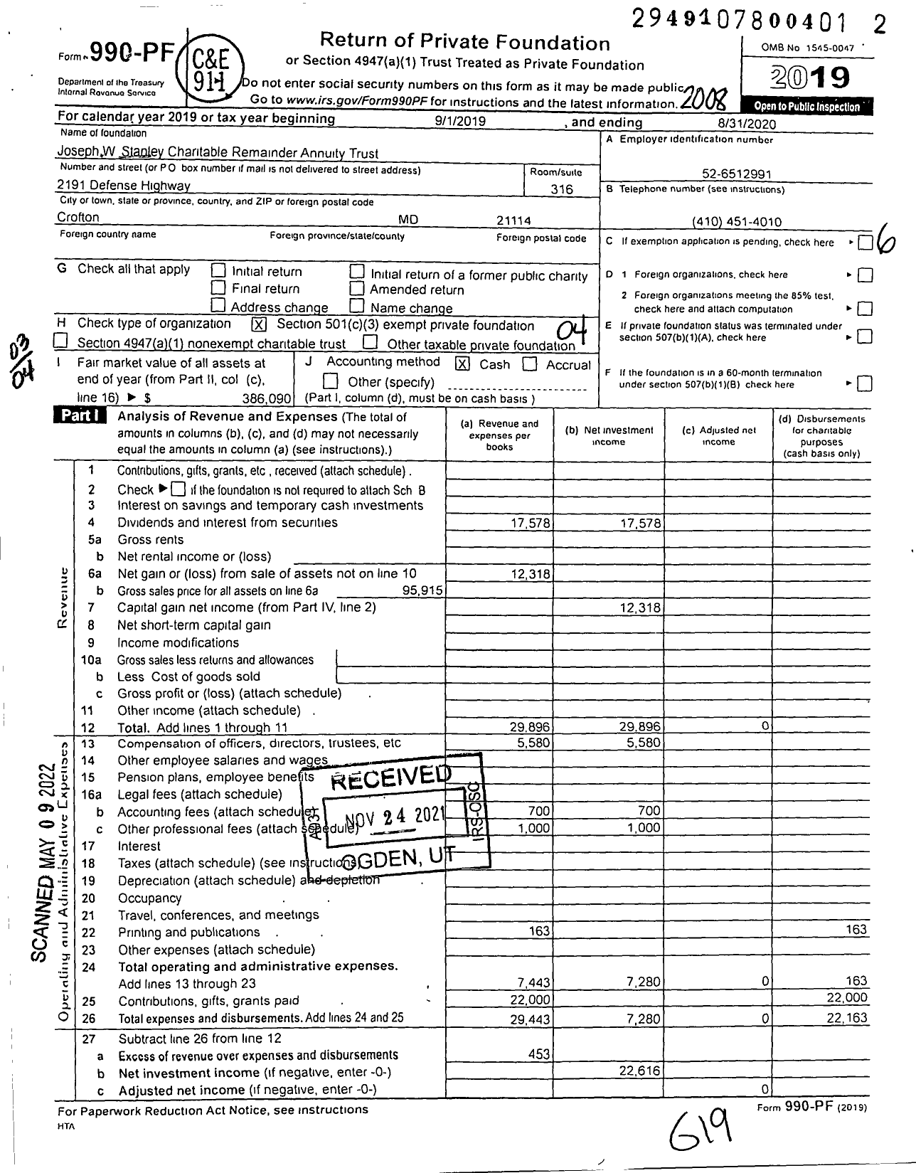 Image of first page of 2019 Form 990PF for Joseph W Stanley Charitable Remainder Annuity Trust