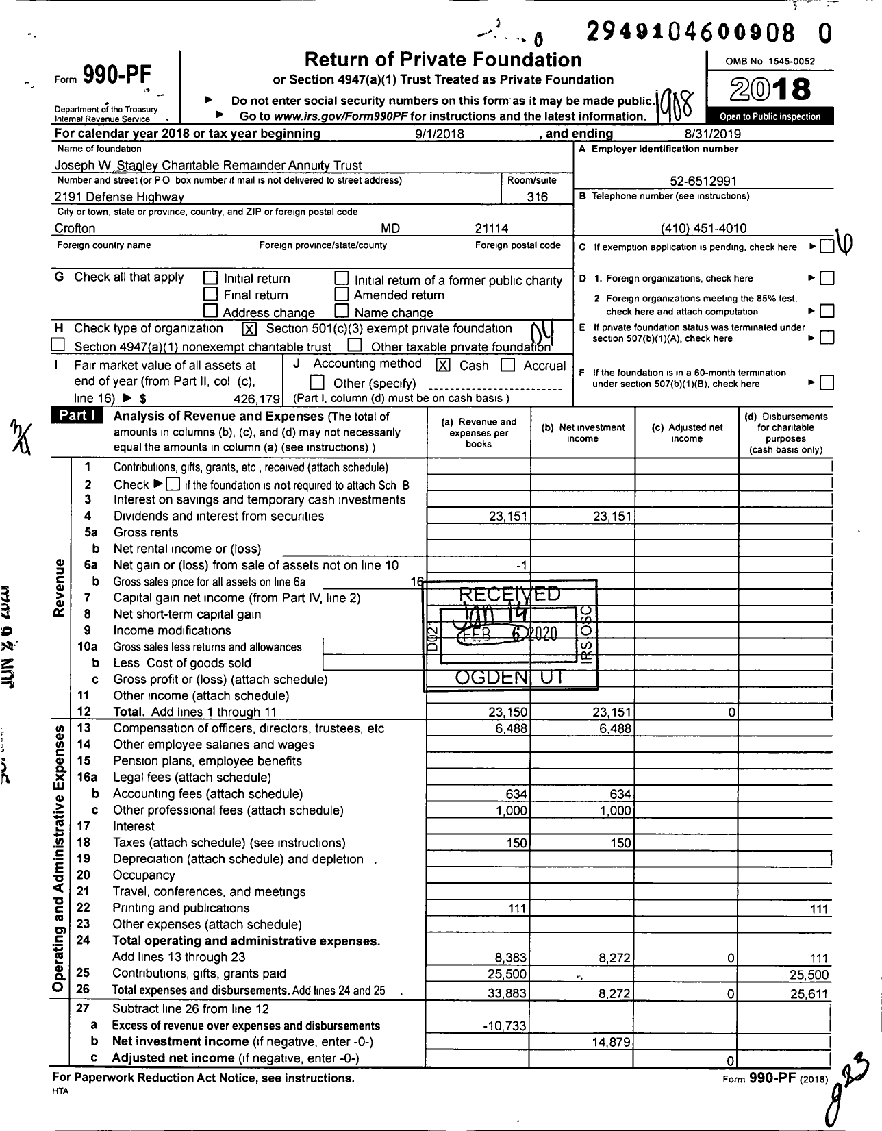 Image of first page of 2018 Form 990PR for Joseph W Stanley Charitable Remainder Annuity Trust