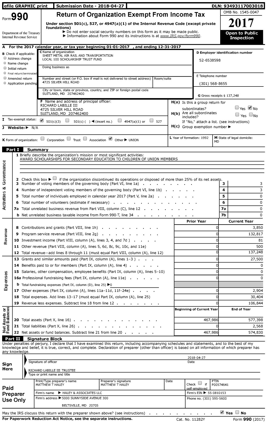 Image of first page of 2017 Form 990 for Sheet Metal Workers Local 100 Scholarship Trust Fund