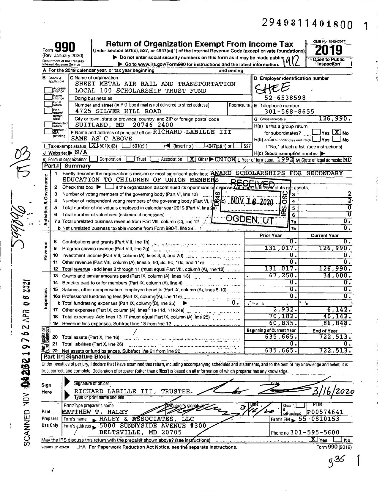 Image of first page of 2019 Form 990 for Sheet Metal Workers Local 100 Scholarship Trust Fund