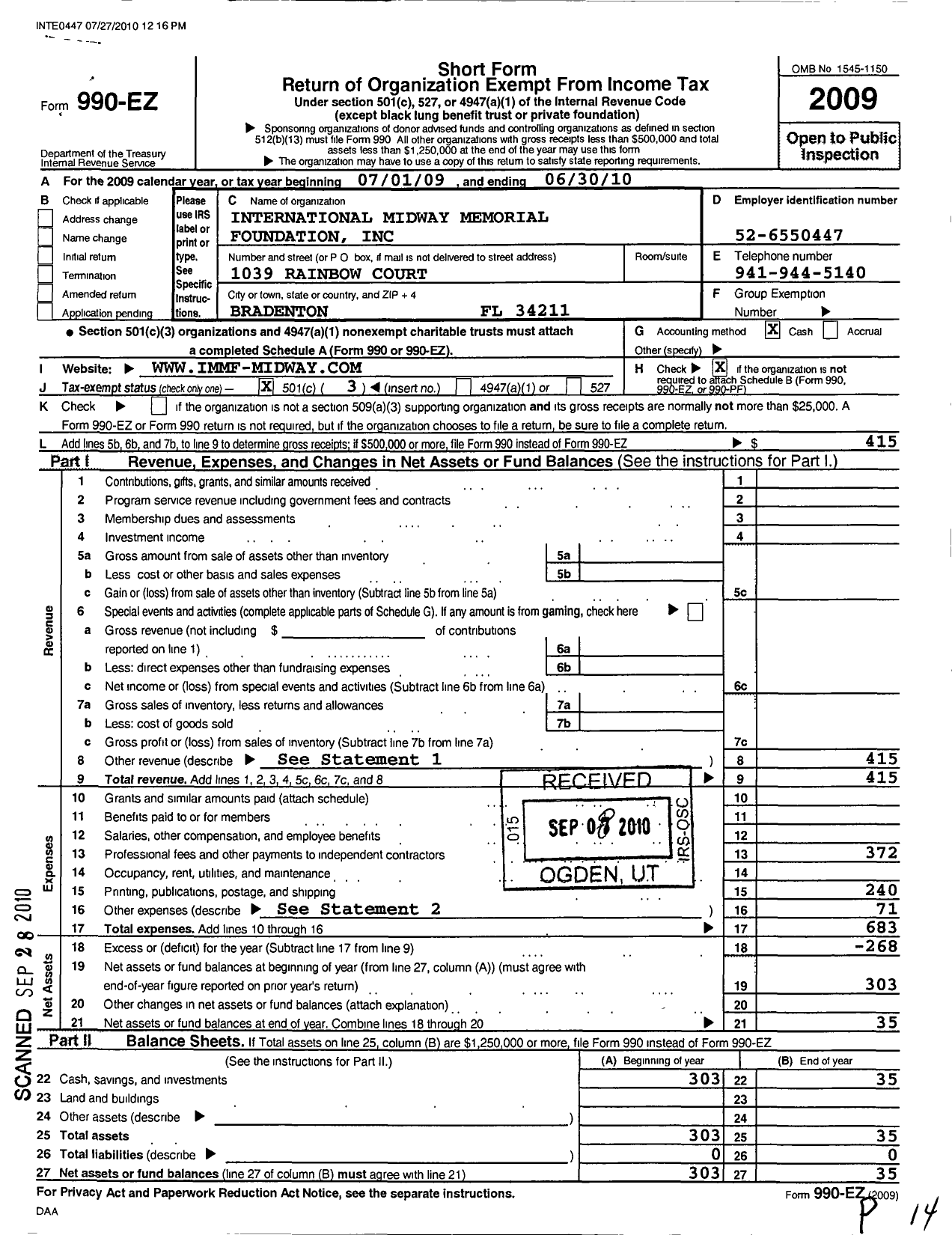 Image of first page of 2009 Form 990EZ for International Midway Memorial Foundation