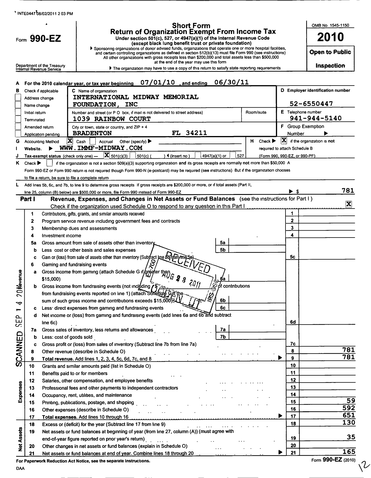 Image of first page of 2010 Form 990EZ for International Midway Memorial Foundation