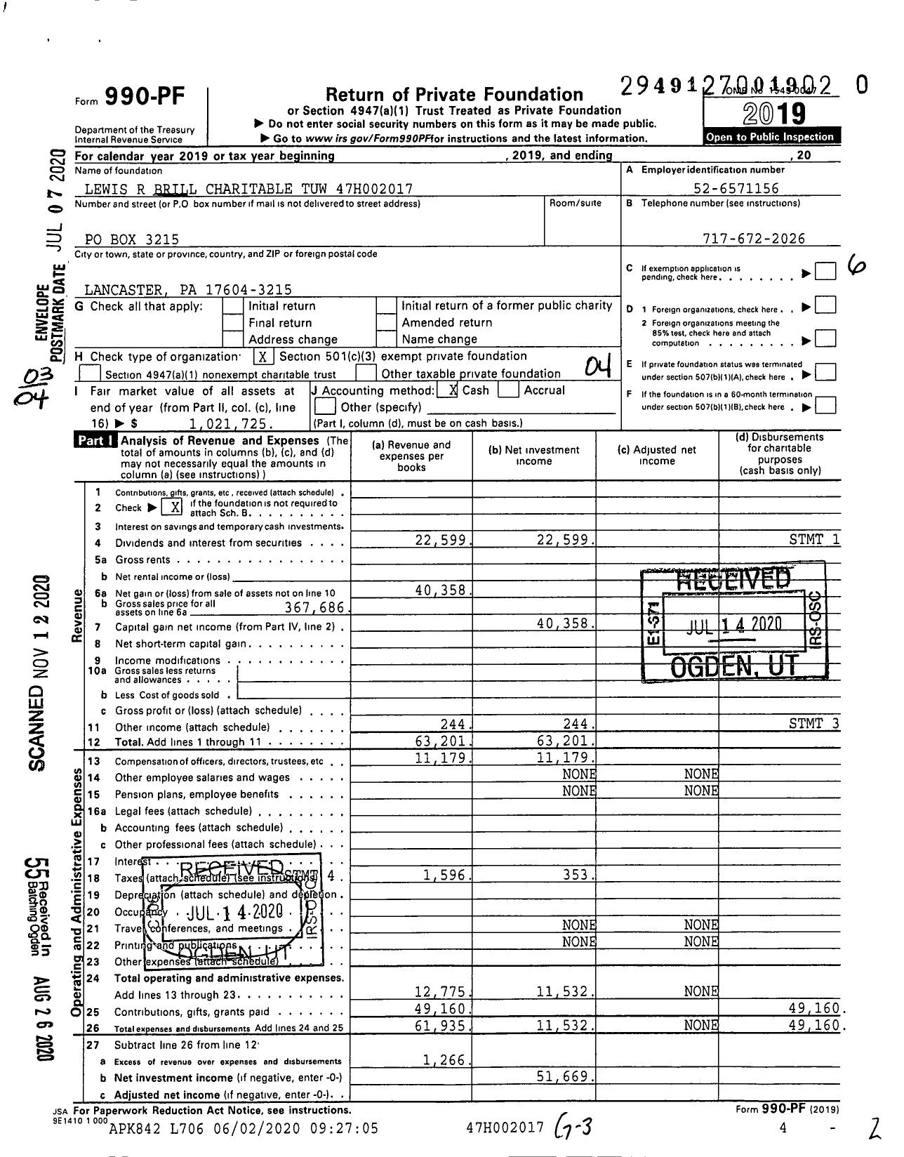 Image of first page of 2019 Form 990PF for Lewis R Brill Charitable Tuw 47h002017