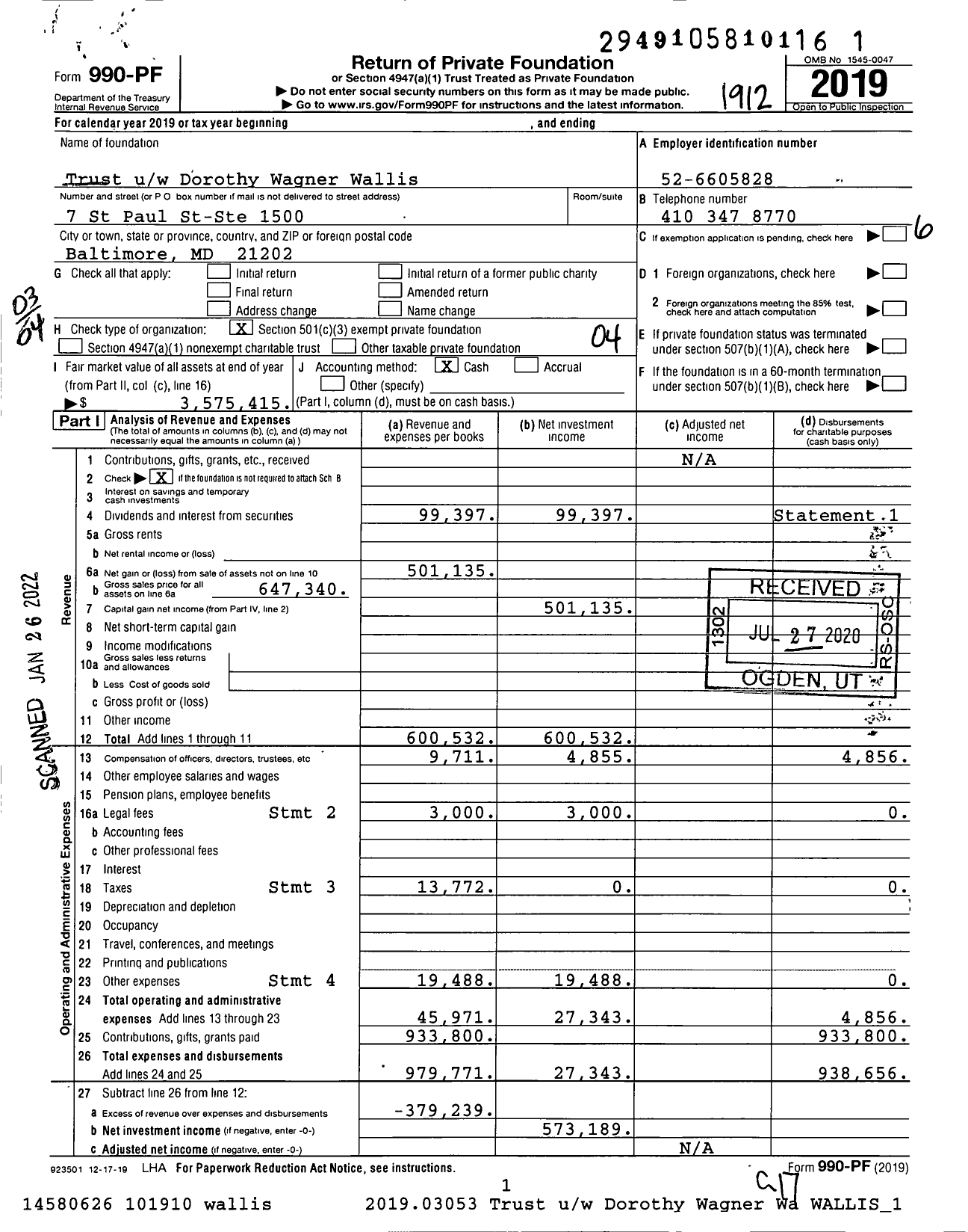 Image of first page of 2019 Form 990PF for Trust uw Dorothy Wagner Wallis