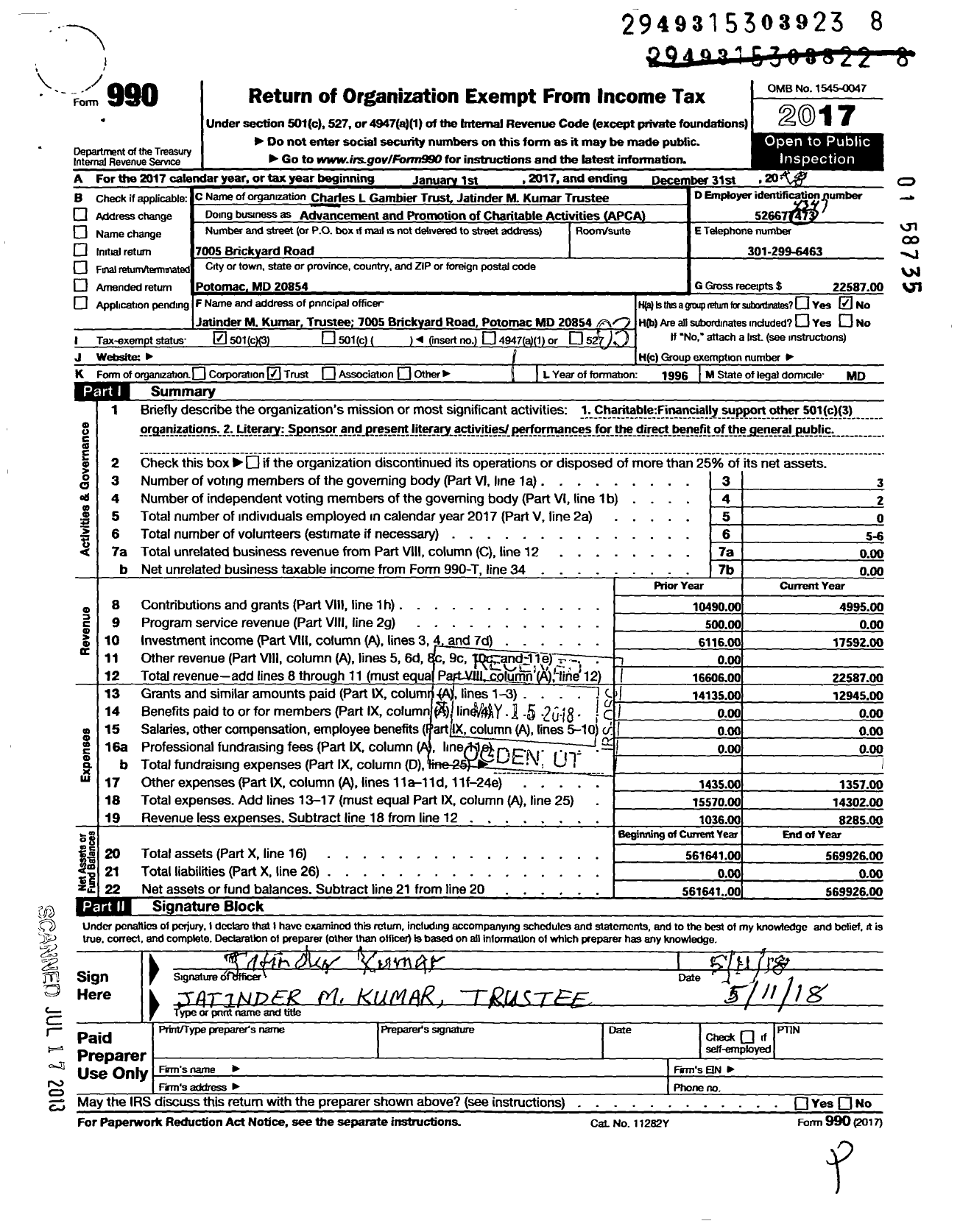 Image of first page of 2017 Form 990 for Charles L Gambier Trust