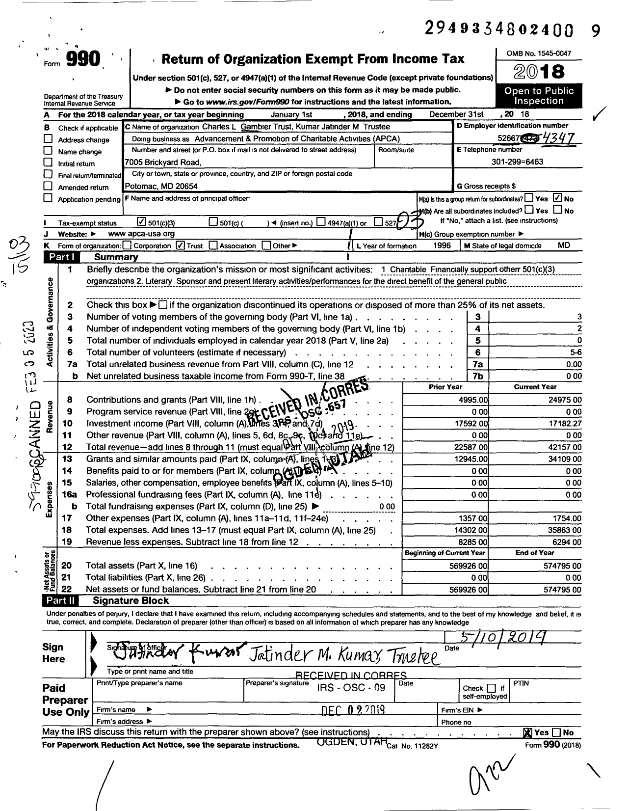 Image of first page of 2018 Form 990 for Charles L Gambier Trust