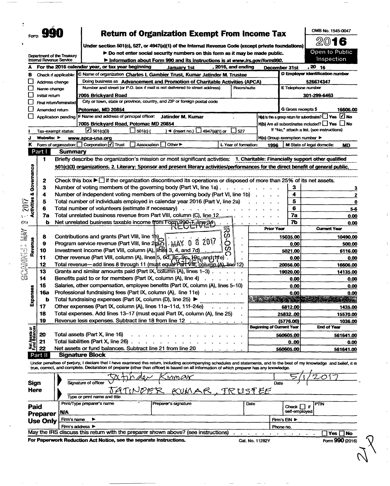 Image of first page of 2016 Form 990 for Charles L Gambier Trust